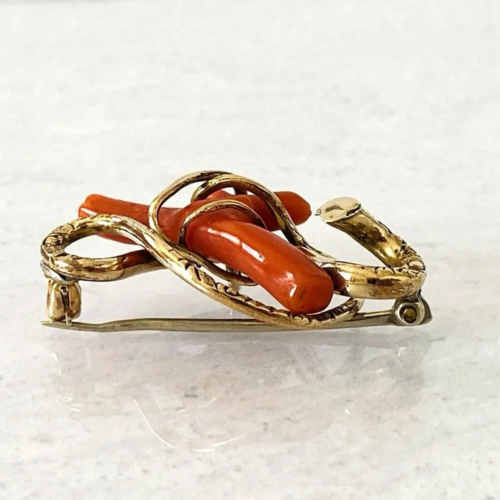 Antique Victorian Coral Branch Brooch In Gold Filled Snake Form Nice 1.5